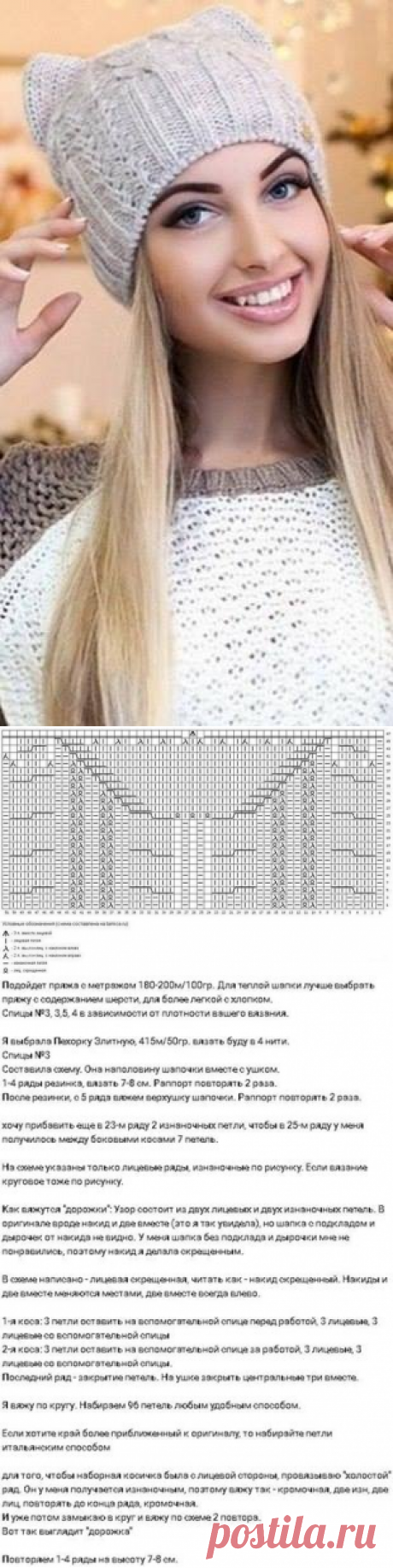 Вязаная спицами шапка кошка. Схема и описание.
