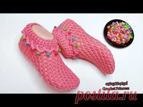 سليبر كروشيه نسائي سهل لاي مقاس + شرح علي جدول مقاسات القدم (لكلوك ،حذاء) crocheted slippers