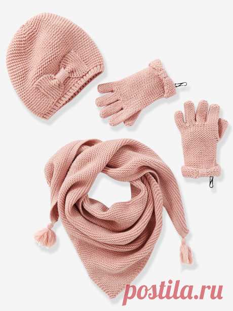 Conjunto bufanda + gorro + manoplas o guantes niña rosa grisaceo - Vertbaudet