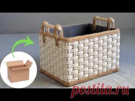 Корзина для хранения из джута / Плетеная коробка из джута и картона / Rope Storage Basket DIY