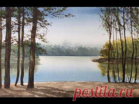 Рисуем Озеро, Сосны, дальний, средний планы. Акварель.Pine Trees in watercolour - YouTube