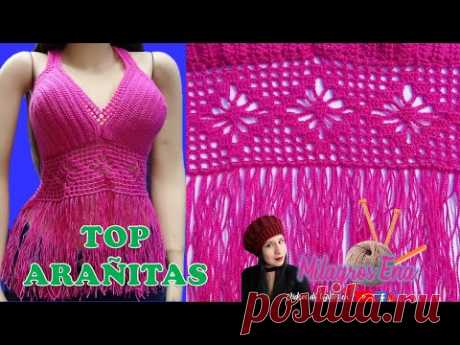 Top de copas en punto arañitas y rombos con flecos tejido a crochet paso a paso