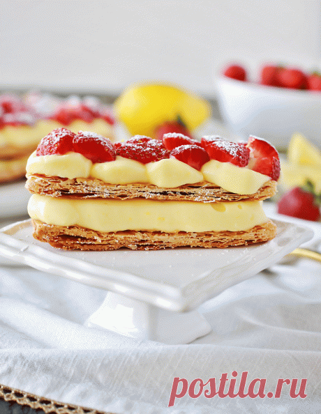 Strawberry Lemon Napoleon with Vanilla Cream | Tangled with Taste Crisp flaky layers of puff pastry with vanilla cream & strawberries, sprinkled with lemon zest & powdered sugar. Easy delicious Strawberry Lemon Napoleon!