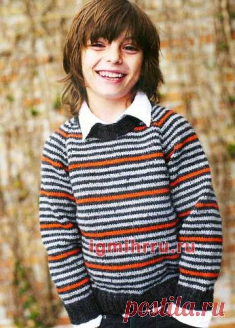 Для мальчика 4-10 лет. Пуловер с полосками трех цветов. Вязание спицами для детей