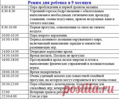 Примерный Режим дня ребенка в 9 месяцев таблица по часам на грудном, искусственном вскармливании | Семья и мама