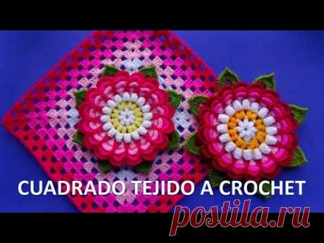 VIDEO COMPLETO Cuadrado tejido a ganchillo con flor Dalia paso a paso para colchas y cojines