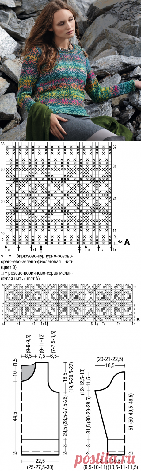 Разноцветный джемпер с жаккардовым узором - схема вязания спицами. Вяжем Джемперы на Verena.ru