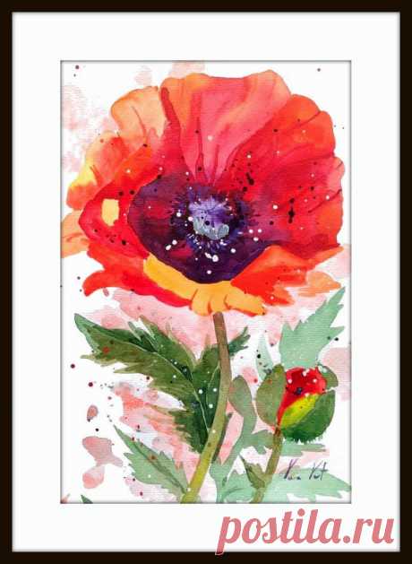 Red poppy original watercolor painting - Modern flower painting, Art Print  from my original watercolor painting  This is a print from my original watercolor painting  ♦ Sizes:  ♦ ACEO 2.5x3.5 inches ♦ 4x6 inches, (10x15 cm) leaving extra for matting ♦ 5x7 inches, (13x18 cm) leaving extra for matting ♦ 8x10 inches, (20x25 cm) - with a extra small border for framing - printed on A4 / 8.3 x 11.7)  ♦ Printed on fine art paper with premium pigment inks.The print looks very muc...