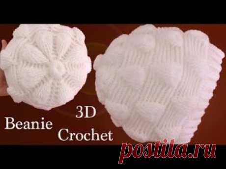Gorro a Crochet en punto de hojas blancas en 3D tejido tallermanualperu
