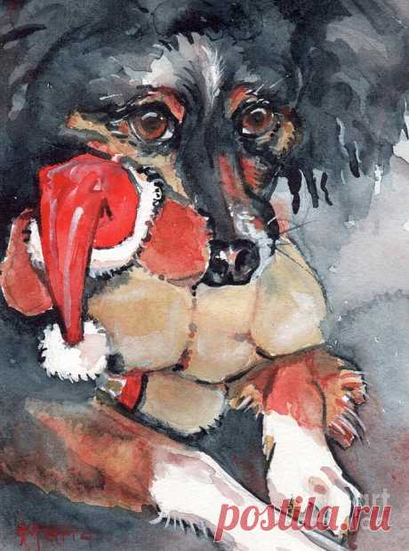 Dog and Santa Puppy  by Maria Reichert Dog and Santa Puppy  Painting by Maria Reichert