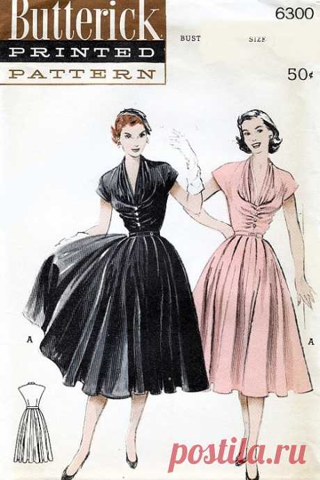 1950s DIOR Inspired Full Skirted Dress Pattern BUTTERICK 6300 Gorgeous Draped Bodice Full Luxurious Skirt Bust 32 Vintage Sewing Pattern