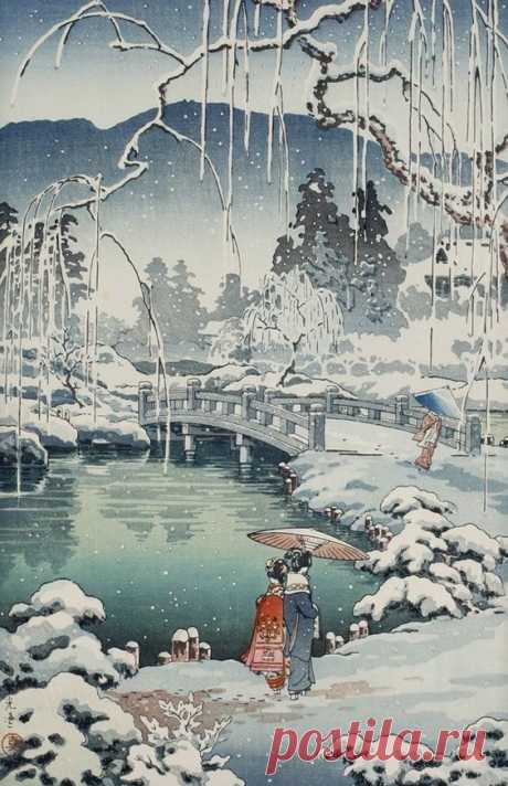 Художник Цутия Коицу (Tsuchiya Koitsu, 1870-1949).
«Весенний снег в Маруяме, Киото» (Spring Snow at Maruyama, Kyoto), 1936 г.