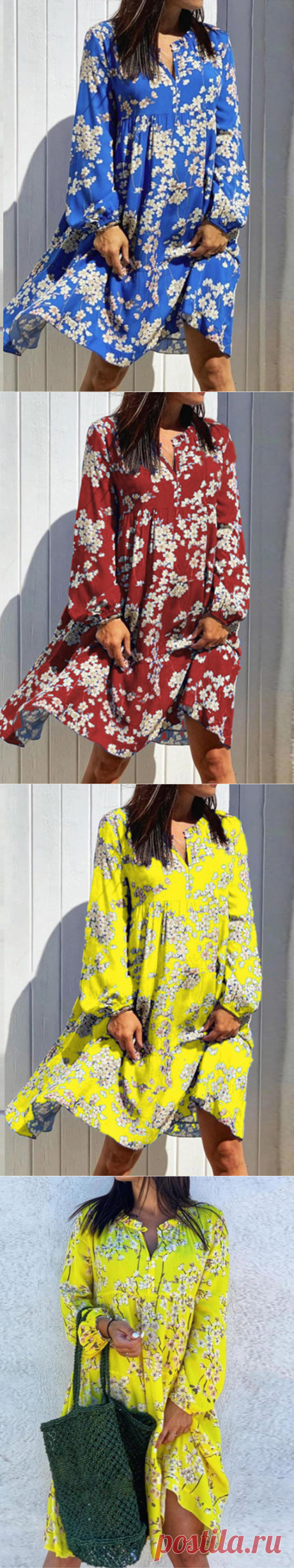 floral print v-neck long sleeve autumn shirt dress