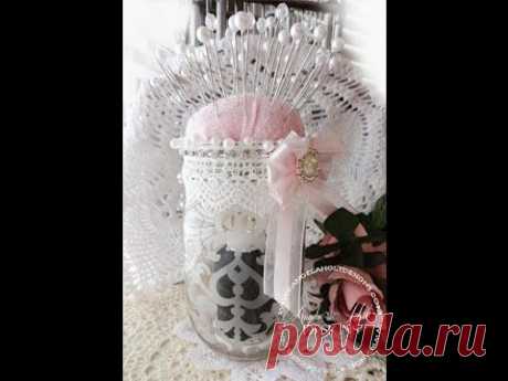 Shabby Chic Etched Glass Mason Jar Pin Cushion