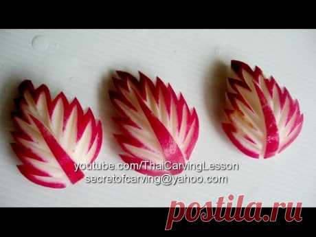 Red Radish,Leaves Carving Design 1,Lessons 33 for Beginners,แกะสลัก ใบไม้จาก เรดิช