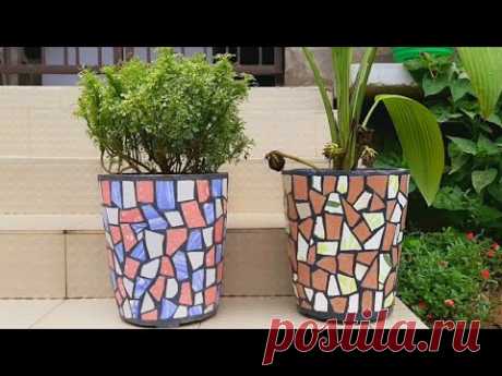 Flower pot making with broken tiles | How to make flower pot