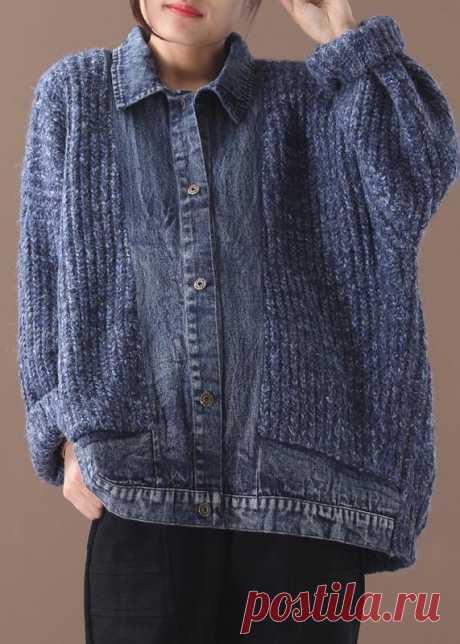 Женский синий свитер, блузка с воротником с лацканами, лоскутный свитер оверсайз – SooLinen