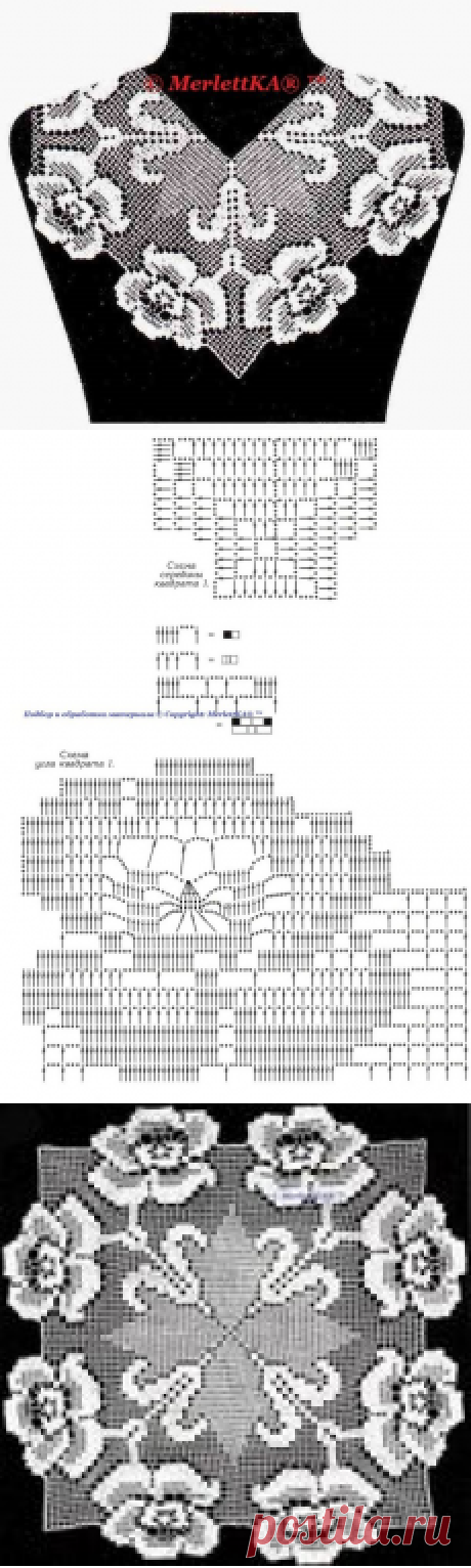 Вязание крючком - филейная техника -розы для салфеток, воротников и манишек.