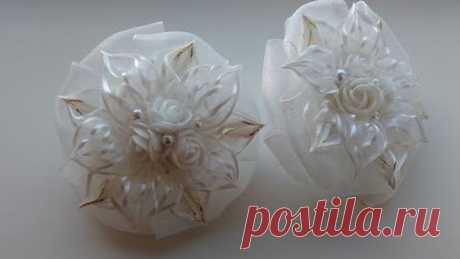 Белые бантики на 1 сентября из органзы МК Канзаши / White bows on September 1 from organza