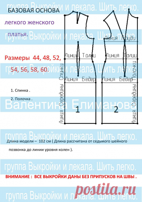 Базовая Основа женского легкого платья. Размеры в цифрах.