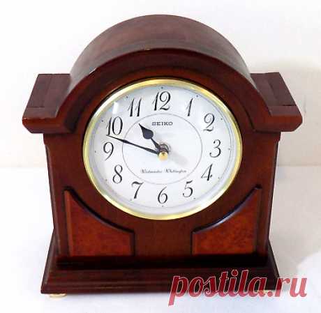 Seiko Sayo Wooden Chime Mantel Clock ~ Brown ~ Westminster Whittington  | eBay Top arched dark brown wooden finish. Requires 2 "AA" batteries, not included.
