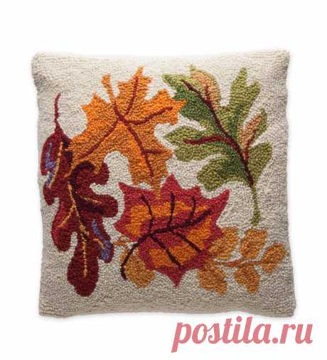 Hand-Hooked Wool Fall Simple Leaves Pillow 16&quot; | All-Natural | Our Values | VivaTerra Characteristically fall and classically stylish, each of these hand-hooked pillows features a charming seasonal scene. The VivaTerra exclusive designs are rendered in cozy 100% hooked-wool and finished with a cream cotton back. Every pillow includes a natural down feather filled insert for a plush look and soft feel, and the cover zips open and closed for easy removal if needed. P...