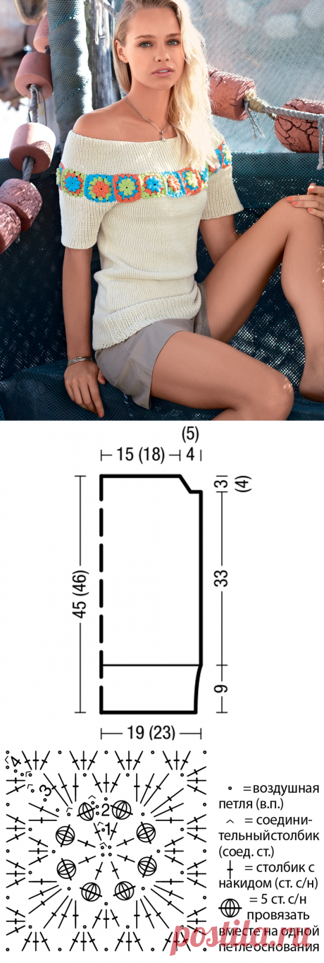 Джемпер с вырезом «кармен» и цветочной полосой - схема вязания спицами. Вяжем Джемперы на Verena.ru