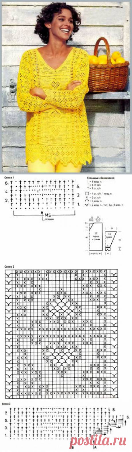 Желтый пуловер крючком с коллажем узоров. Филейное вязание крючком. - Схемы вязания пуловера - Схемы для вязания - Уроки вязания крючком - Вязание крючком, схемы для вязания крючком