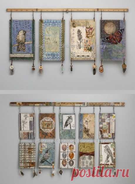 Mixed media wall hangings by textile artist Sharon McCartney (these images no longer on her website)