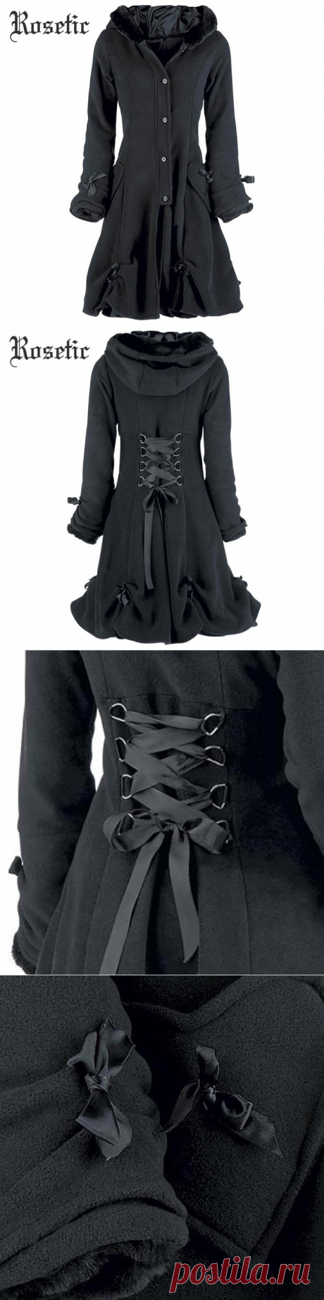 Rosetic Готический Винтаж пальто женский, черный Кружево Up осень зима бантом верхняя одежда с капюшоном Тренчи для женщин уличная опрятный ретро гот Пальто для будущих мам купить на AliExpress