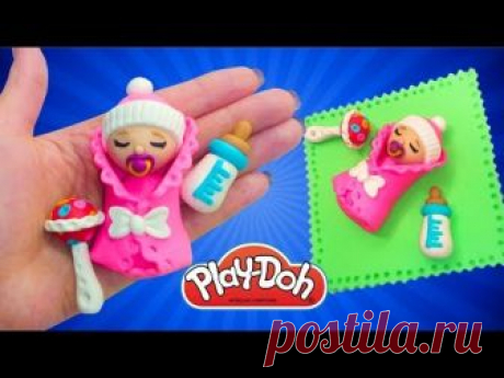 Play Doh Newborn Babydoll How to Make Baby for Doll.  DIY Miniature Babydoll, Feeding Bottle, Rattle