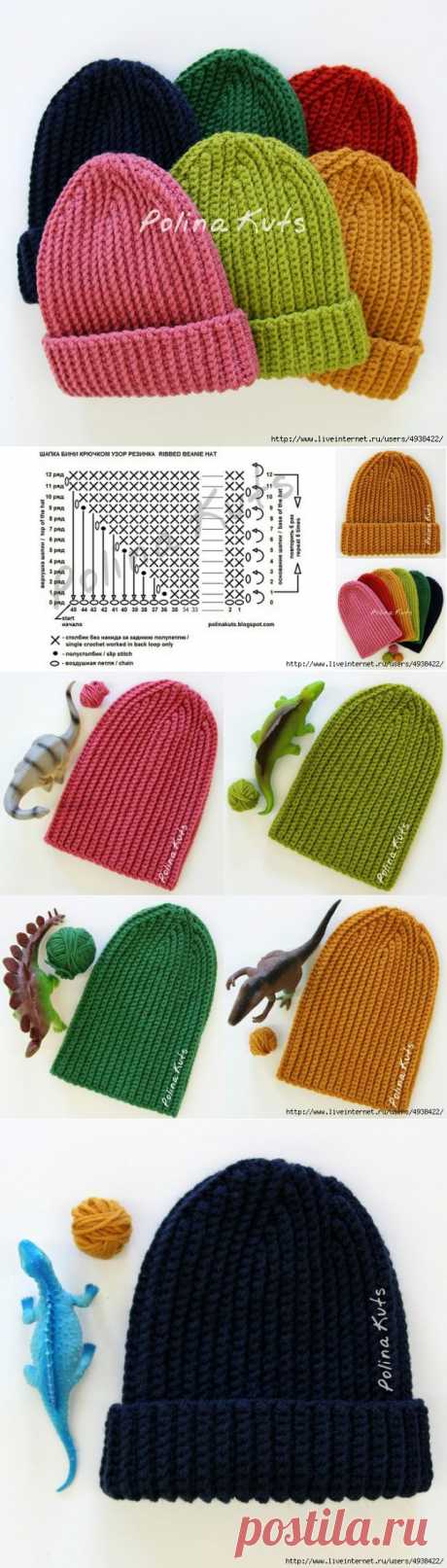 Шапка бини крючком узором &quot;Резинка&quot;. Ribbed beanie hat.