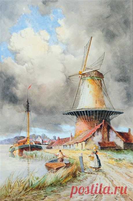 Голландская гавань и ветряные мельницы... Louis van Staaten (1836-1909).