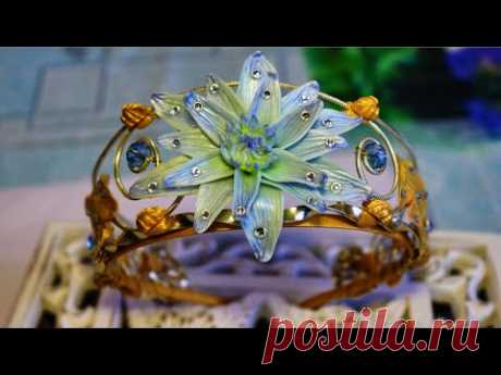 Flower Tiara with polymer clay lotus, leaves with gold leaf 23 ct. Diy headband crown, tutorial