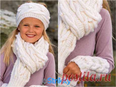 Комплект для девочки со жгутами и шишечками (повязка, шарф и митенки) вязаный спицами | Блог elisheva.ru