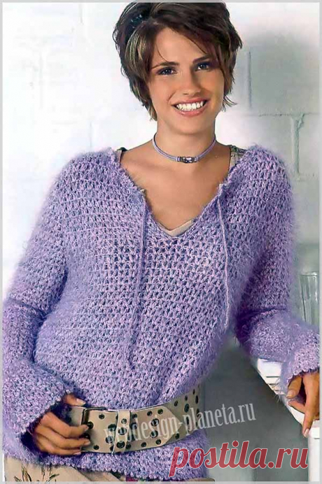 Сиреневый женский пуловер крючком Красивый женский пуловер, связанный крючком из мягкой сиреневой пряжи с интересной шнуровкой и изысканным кроем порадует вас в прохладный период.