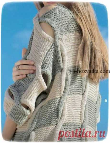 Двухцветный пуловер спицами описание. Модный пуловер спицами в стиле пэчворк Двухцветный пуловер спицами описание. Модный пуловер спицам в стиле пэчворк