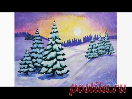 Уроки рисования. Как нарисовать ЗИМУ гуашью. How to Draw a Winter Scene