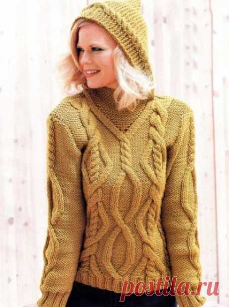 Вязание крючком и спицами - Пуловер с капюшоном и рельефным узором