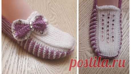 Классные тапочки-следки на двух спицах №4 ./Knitting shoes (Громкость изменена).