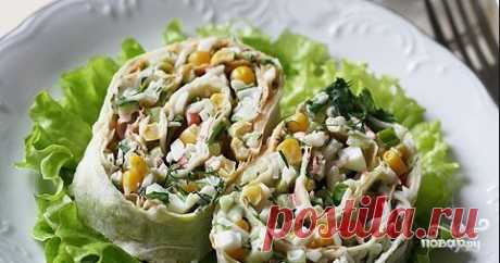 Салат в лаваше с крабовыми палочками и кукурузой - пошаговый рецепт с фото на Повар.ру