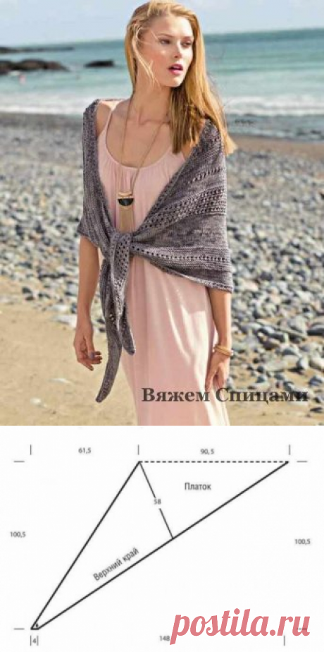 Асимметричный платок вязаный спицами для женщин, описание и выкройка