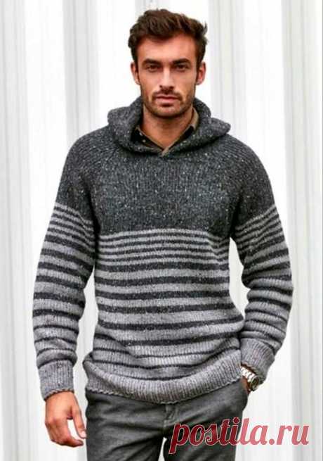 Серый мужской пуловер спицами