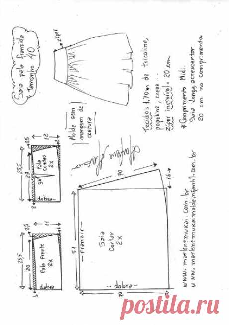 Saia com pala franzida para tecido plano | DIY - molde, corte e costura - Marlene Mukai