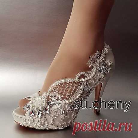 su.cheny 3” 4” heel crystal white ivory silk lace open toe Wedding Bridal shoes | eBay