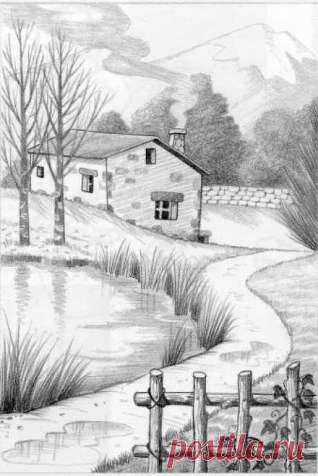 Cottage By The Lake Pencil Landscape Drawing