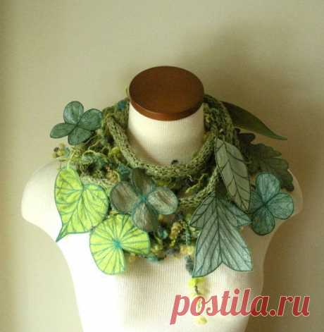 Long and Leafy Scarf with Embroidered Leaves- Light Sage Green with Teal and…