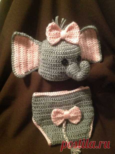 (217) Crochet Newborn Baby Elephant hat & diaper cover set in pink, blue and Many More colors