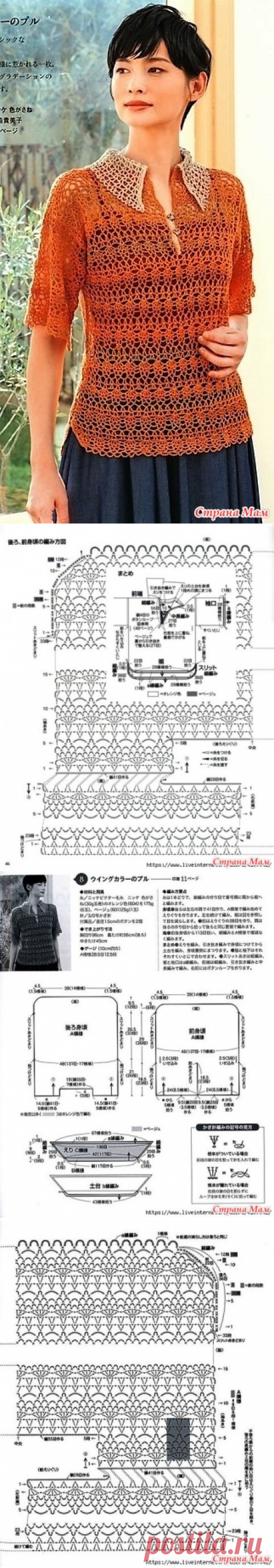 Летняя ажурная кофта с воротником поло и закругленными разрезами по бокам. Крючок. - ВЯЗАНАЯ МОДА+ ДЛЯ НЕМОДЕЛЬНЫХ ДАМ - Страна Мам