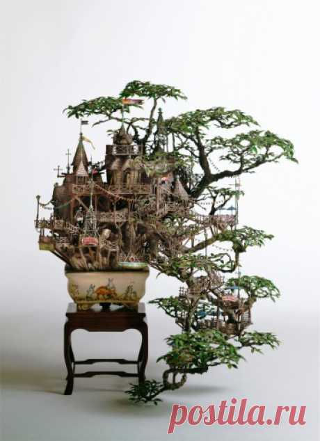 Миниатюрные замки в удивительных деревьях бонсай